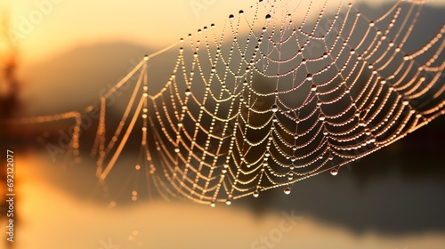 A visually appealing image that portrays the delicate intricacies of a dew-covered spider's web in the early morning mist, with each droplet glistening like a miniature diamond.