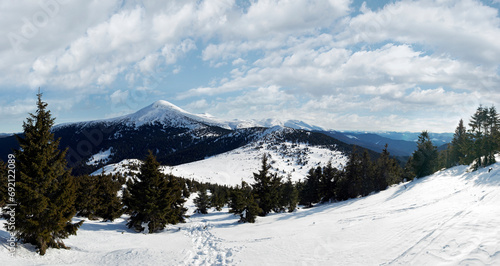 Winter mountain landscape, panorama view to Goverla Mountain, Ukraine, Carpathian Mountains).