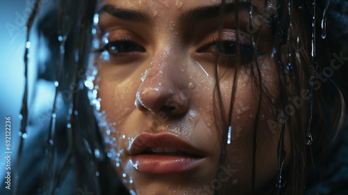 Water droplets cascading down a female's visage after a bath in the ocean.