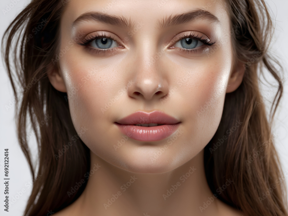 Close up portrait of beautiful woman's face with perfect natural skin. Shiny healthy skin, blue eyes, pink lips. Skincare, spa, skin treatment concept. Close up portrait of beautiful woman's face with perfect natural skin. Shiny healthy skin, blue eyes, pink lips. Skincare, spa, skin treatment concept.
