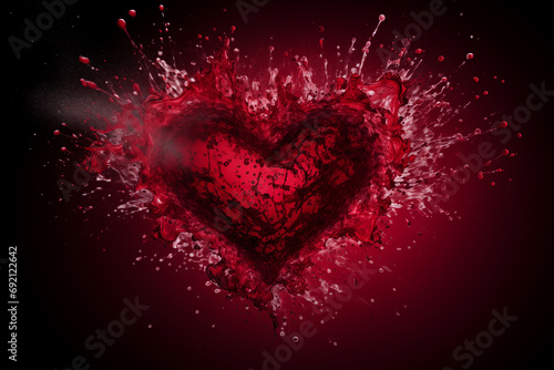 Red heart with water splash effect on dark background. Valentine's Day card