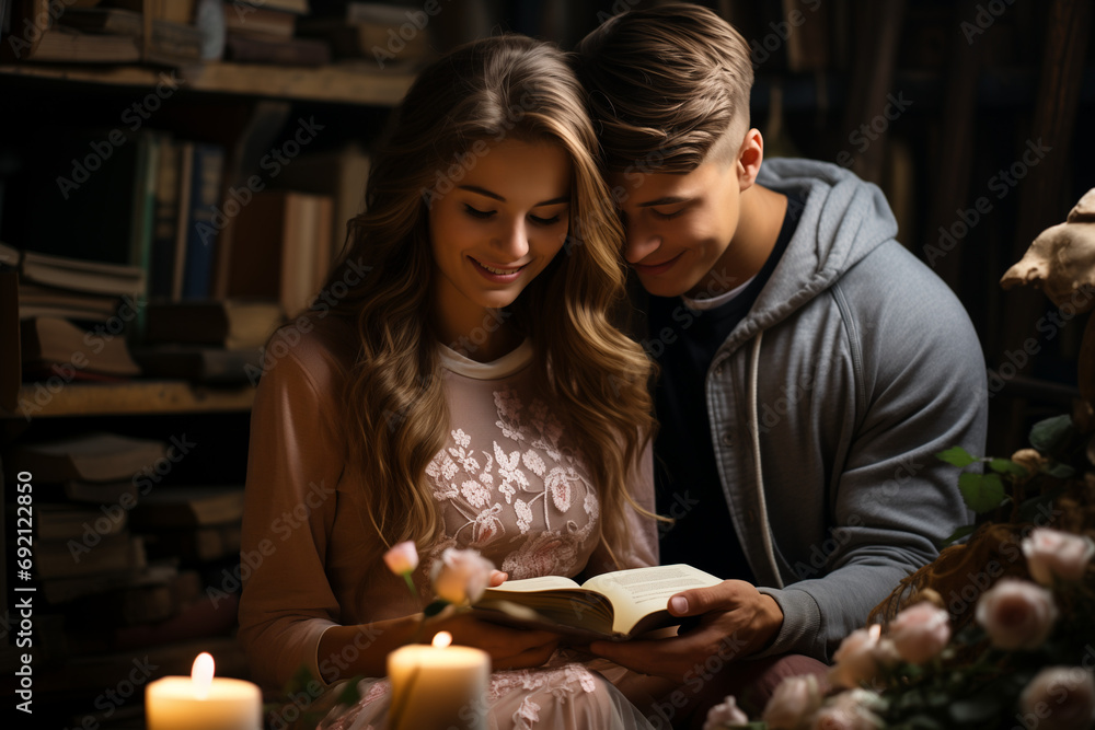 Reading a Book Together on a Romantic Couple in Love Date, Love Story Unfolding Page by Page Reading a Book Together on a Romantic Couple in Love Date, Love Story Unfolding Page by Page