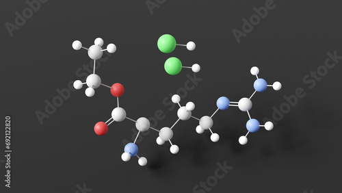 l-arginine ethyl ester dihydrochloride molecular structure, derivative of l-arginine, ball and stick 3d model, structural chemical formula with colored atoms photo