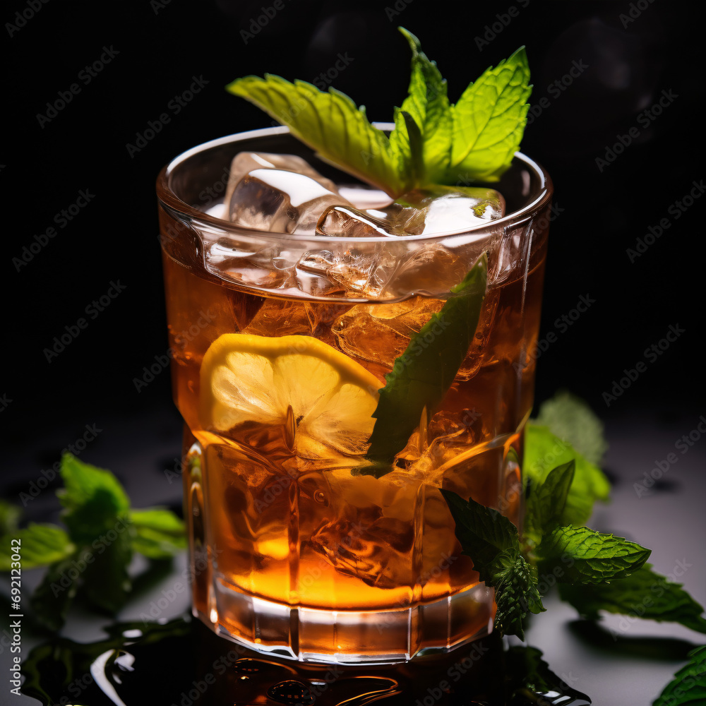Snap a cool picture of a frosty iced tea with cubes and mint, shot from below. Snap a cool picture of a frosty iced tea with cubes and mint, shot from below.