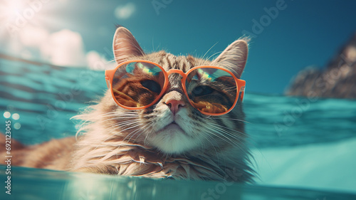 Chill Vibes Cat in Sunglasses Floating in the Pool