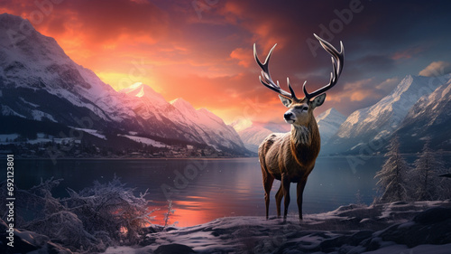 Fotografia Composite image of red deer stag in Beautiful Alpen Glow hitting mountain peaks