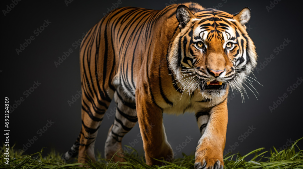 Obraz premium A regal Panthera tigris corbetti stares intently at its quarry, for a hunting-themed portrait against a black backdrop.