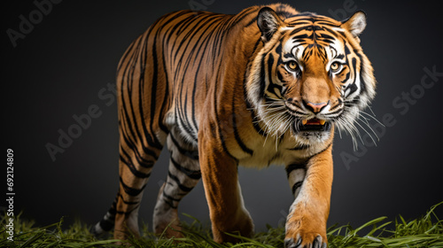 A regal Panthera tigris corbetti stares intently at its quarry  for a hunting-themed portrait against a black backdrop.