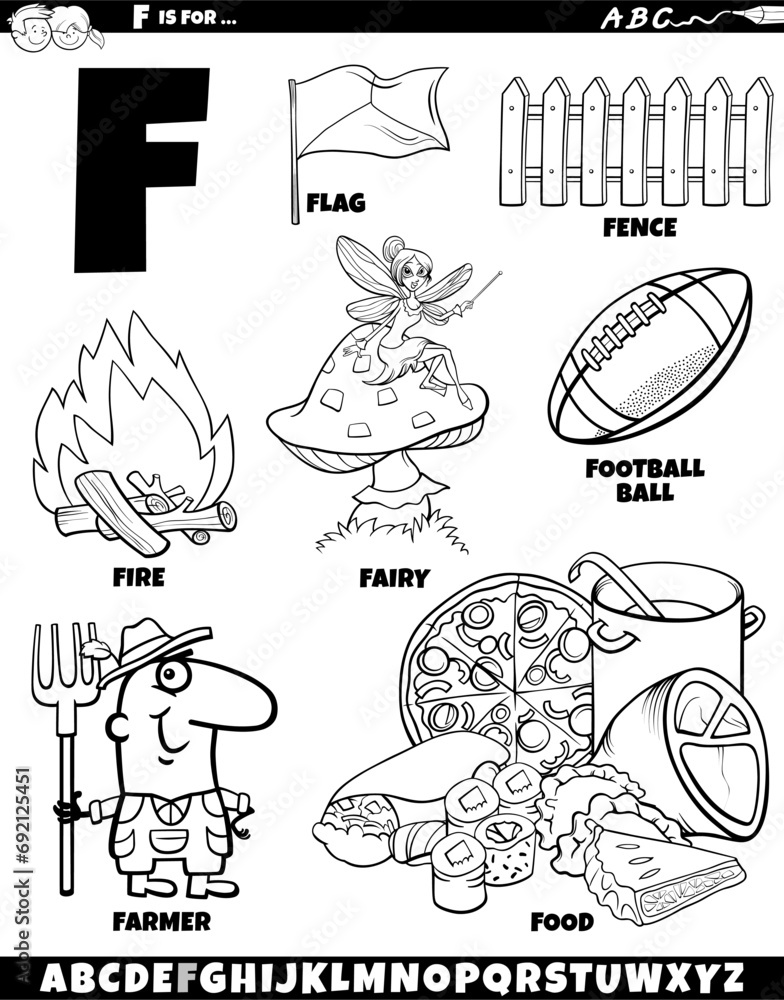 Letter F set with cartoon objects and characters coloring page