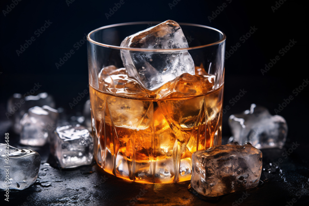 A close-up of a tumbler brimming with ice-cubes and a whisky. A close-up of a tumbler brimming with ice-cubes and a whisky.