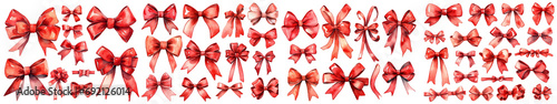 A large collection of watercolor red bows and ribbon. Decorations and watercolor-painted design elements. Large and small festive bright bows. photo