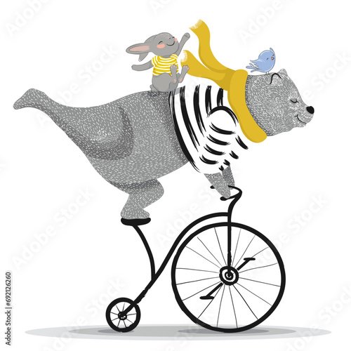 Cute bear with bicycle.Circus show illustration.T-shirt graphics.Funny teddy bear is on the bike and rabbit and bird are having fun on it.Cute character designs for baby shower, birthday, books.