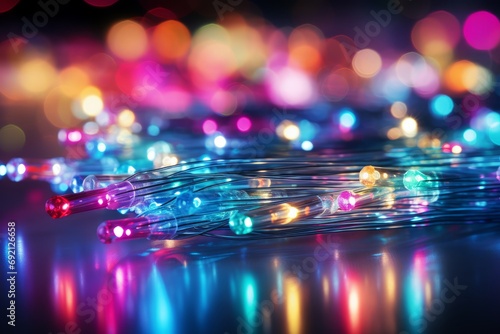 Fiber optics cable wire light background with bokeh effect and optical communication technology