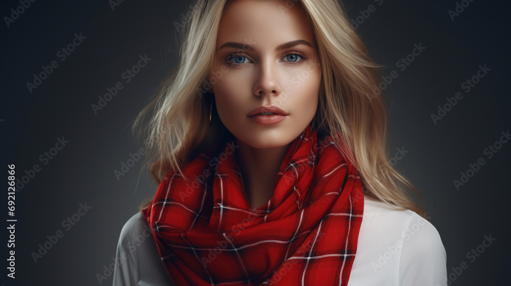A beautiful woman with a red checkered scarf A beautiful woman with a red checkered scarf