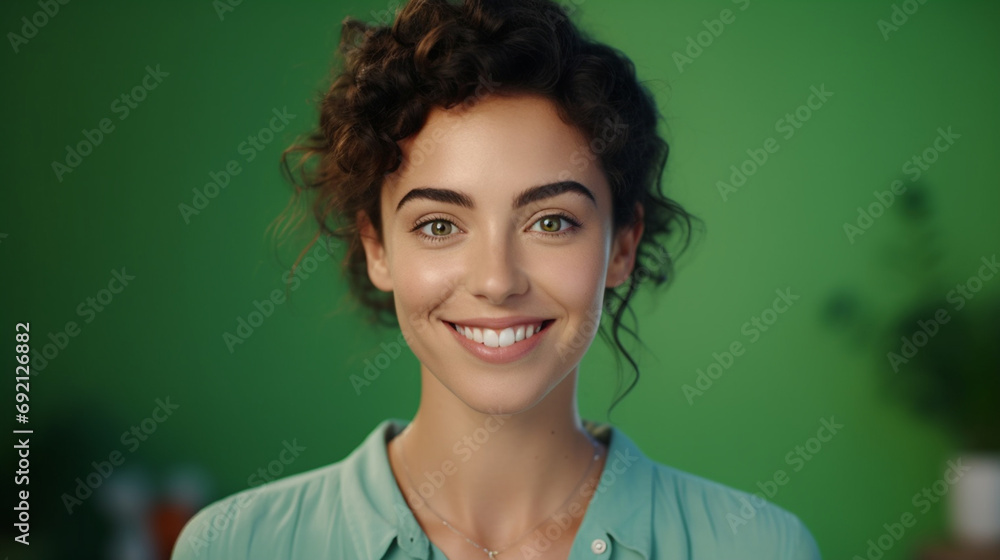 A happy smiling woman on a green background A happy smiling woman on a green background