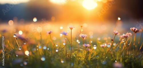 An early morning dewy meadow with a bokeh sunrise. photo