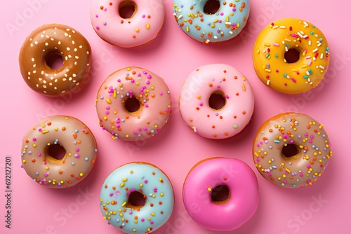 Colorful sweet donuts with sprinkles on pink background