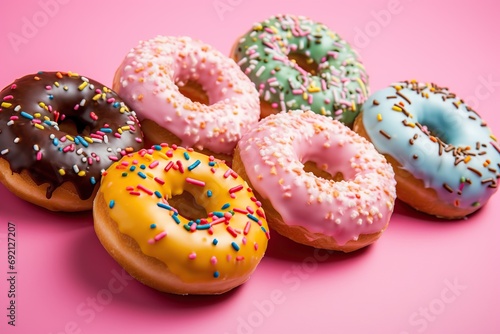 Colorful sweet donuts with sprinkles on pink background © Alina