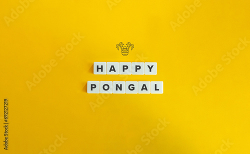 Happy Pongal. Block Letter Tiles and Icon on Yellow Background. Minimalist Aesthetics.