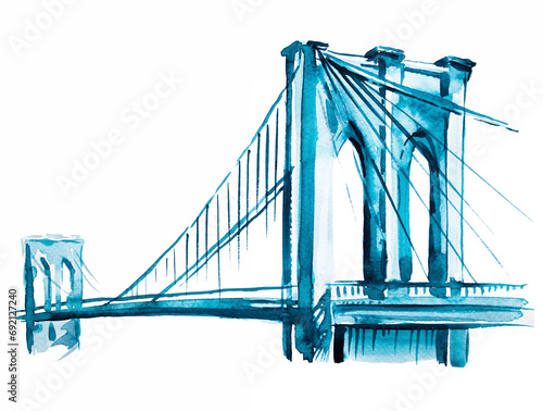New York City landscape illustration. Watercolor Brooklyn bridge painting.