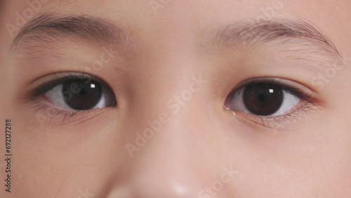 Close-up 4K of adorable Asian girl's eyes with pure irises, revealing a depth of innocence and joy. The child's pupils are perfectly dilated, offering emotional expression for sorrow and concern.  photo