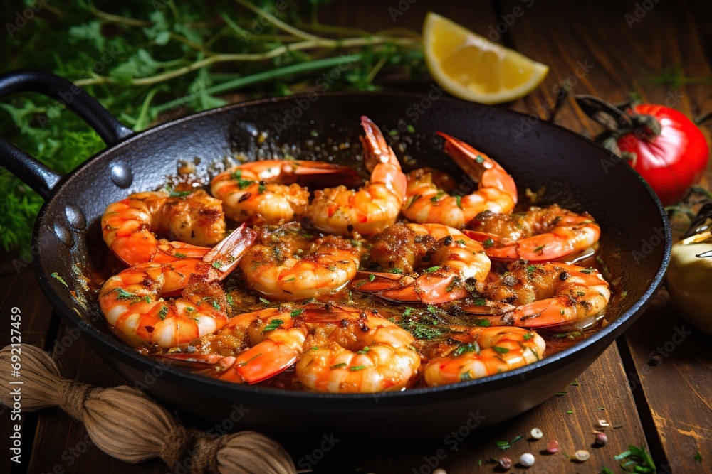 Roasted peeled shrimps in pan on wooden background Roasted peeled shrimps in pan on wooden background