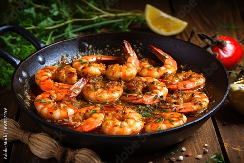 Roasted peeled shrimps in pan on wooden background