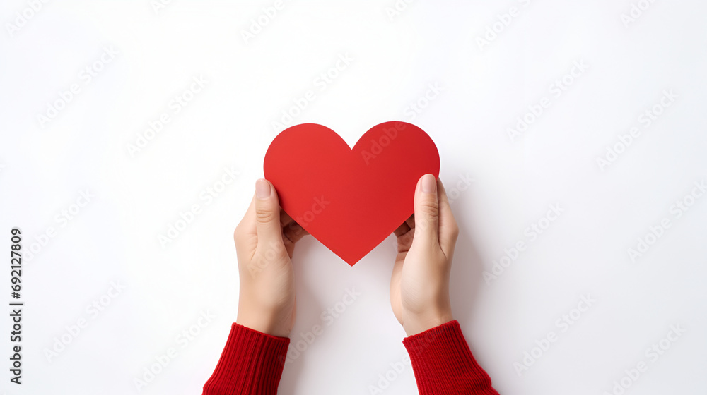 Red heart in hand on white . Valentine's day. Generated AI Red heart in hand on white . Valentine's day. Generated AI