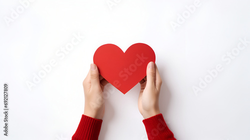 Red heart in hand on white . Valentine s day. Generated AI