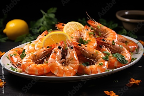 Fresh shrimps in plate on black wooden table