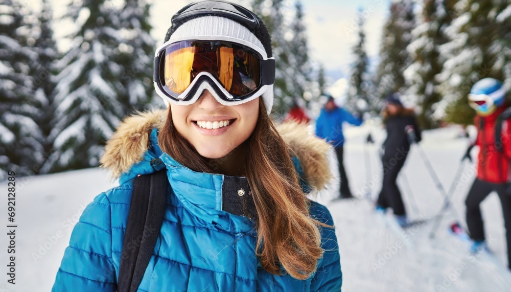 young adult woman wears winter ski goggles, stands with friends in group on mountain on snow young adult woman wears winter ski goggles, stands with friends in group on mountain on snow