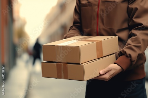 Deliveryman in uniform holding cardboard boxes