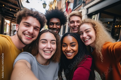 Group of multiracial friends taking selfie picture photo