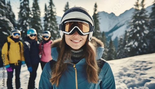 young adult woman wears winter ski goggles, stands with friends in group on mountain on snow