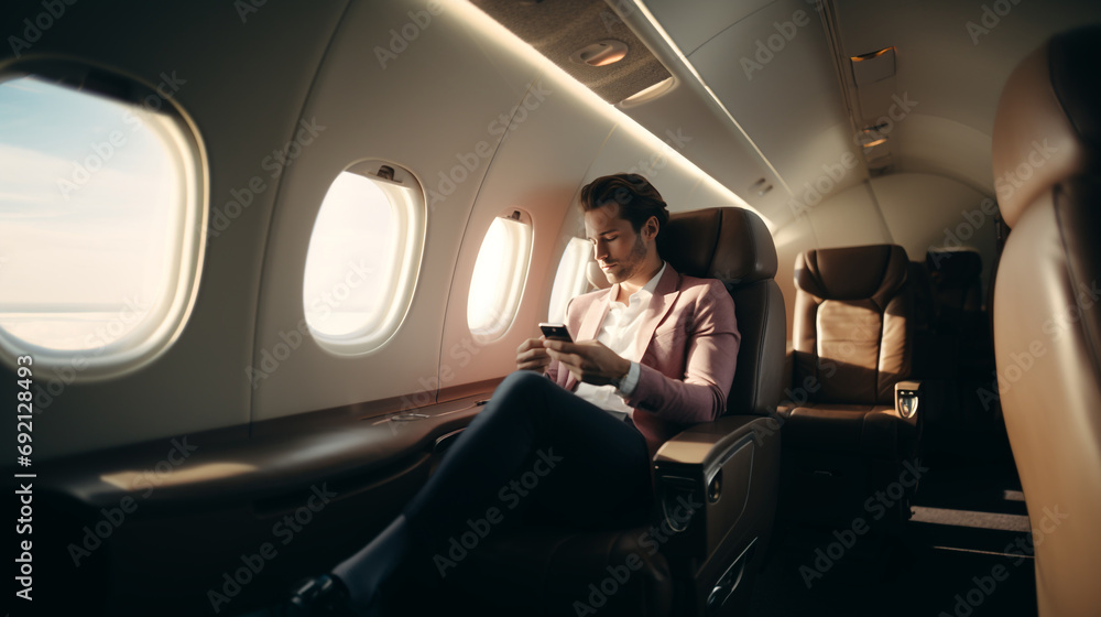 Successful handsome man blogger, billionaire or rich businessman flying private jet. Entrepreneur Concept.