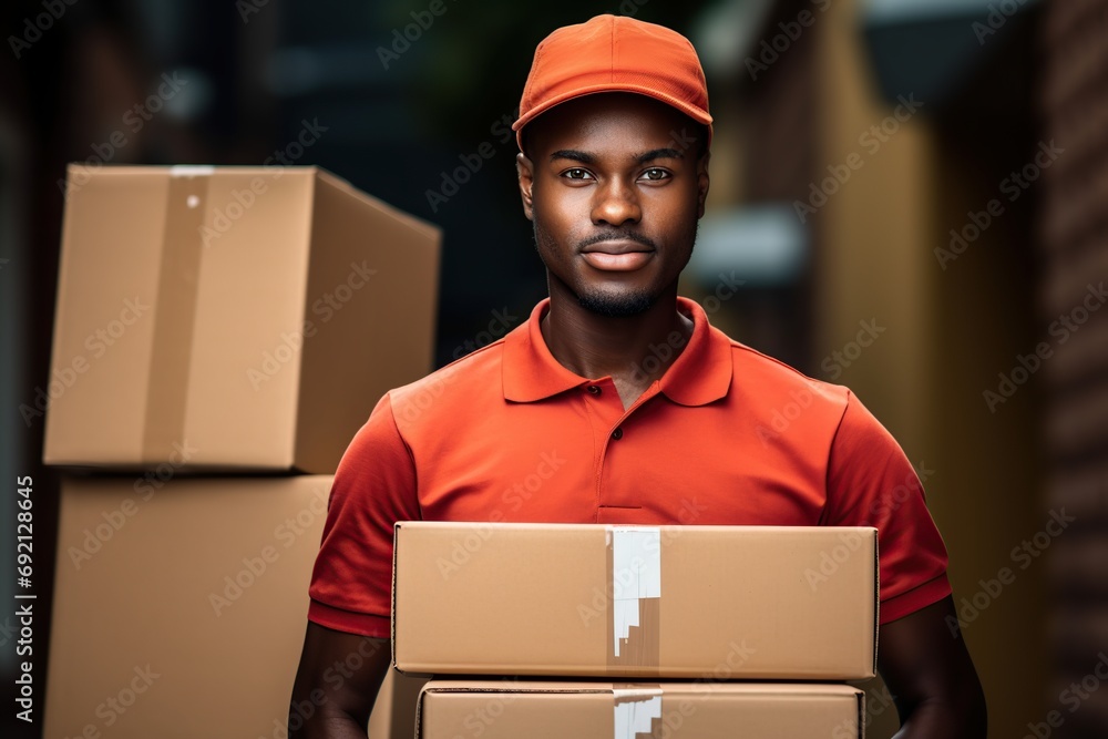 Deliveryman in uniform holding cardboard boxes Deliveryman in uniform holding cardboard boxes