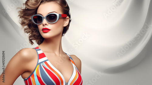 portrait of a beautiful young brunette woman in sunglasses and black dress on abstract background. the concept of beauty, fashion