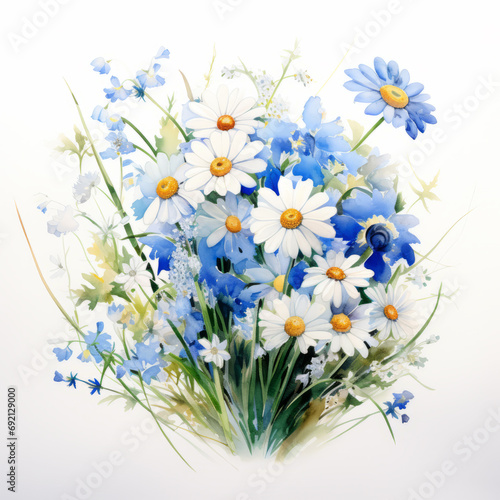 Watercolor composition of daisies and forget-me-nots