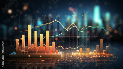 stock trading data graph with abstract technology background. financial and investment concept. double exposure.