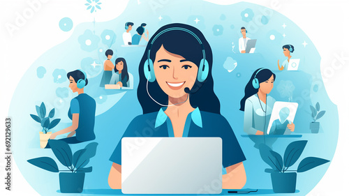 young woman using laptop computer. vector flat illustration