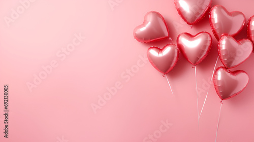 Pink air balloon heart shape on a pink background. Wedding concept, Valentine's Day, a gift for a loved one. Banner. Flat lay, top view. Generated AI