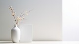 Empty room with shadows of window and flowers and palm leaves.Abstract white studio background for product presentation. 