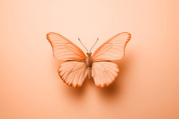 Crédence de cuisine Pantone 2024 Peach Fuzz Tender peach fuzz butterfly resting on flowers on minimal background. Modern trendy tone hue shade  © Cherstva