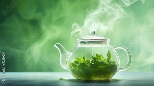 tea teapot and cup of tea with mint photo