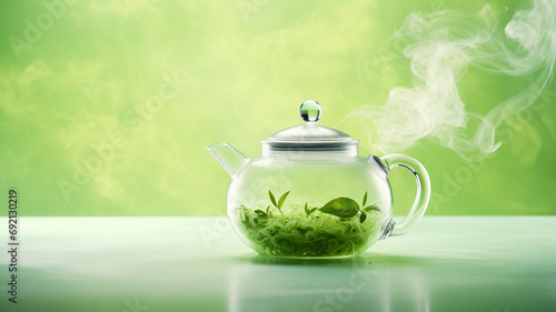 tea teapot and cup of tea with mint
