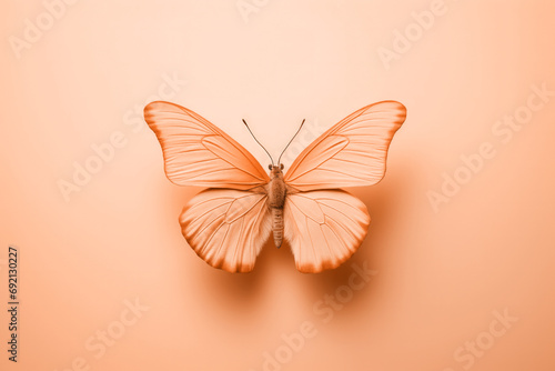 Tender peach fuzz butterfly resting on flowers on minimal background. Modern trendy tone hue shade