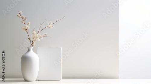 Empty room with shadows of window and flowers and palm leaves.Abstract white studio background for product presentation. 
