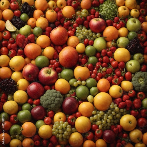 Colourful abstract food background. Group of various fresh fruits and vegetables. Generative ai. Healthy eating theme.
