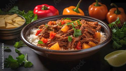 Ropa vieja beef in tomato sauce. Main dish of the national cuisine of latin american. Local culture. Close-up