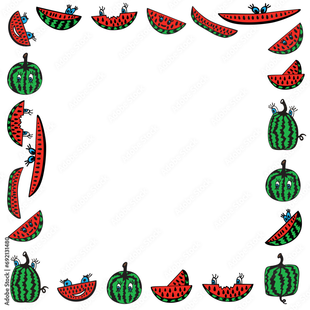 Fototapeta premium Vector cartoon style greeting card, square frame illustration with doodle style watermelons.